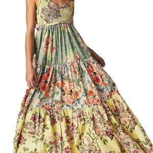 Women Floral Boho Sundress Tie Shoulder Smocked Patchwork Flowy Maxi Dresses with Pockets Summer Fall